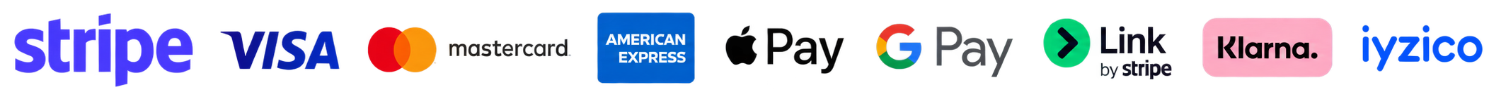 Stripe, Visa, Mastercard, American Express, Apple Pay, Google Pay, Link, Klarna, and iyzico