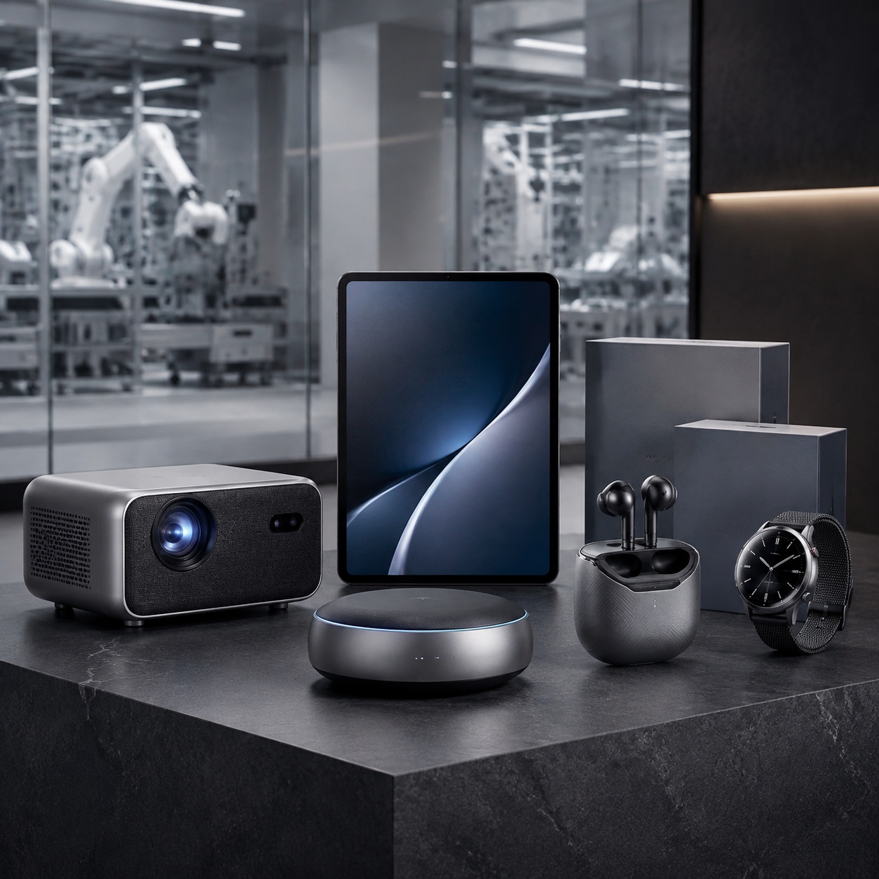 Premium consumer technology samples in a modern manufacturing showroom